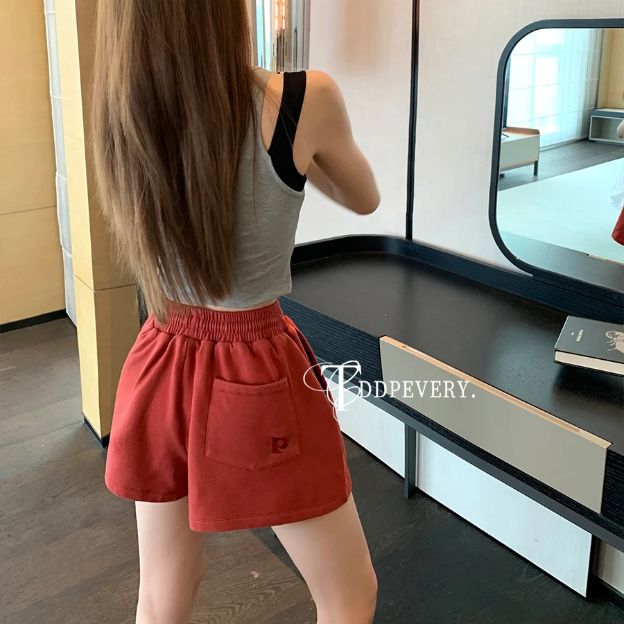 TDDP 水洗黑松紧腰运动休闲短裤女2024新款夏季百搭宽松阔腿裤子