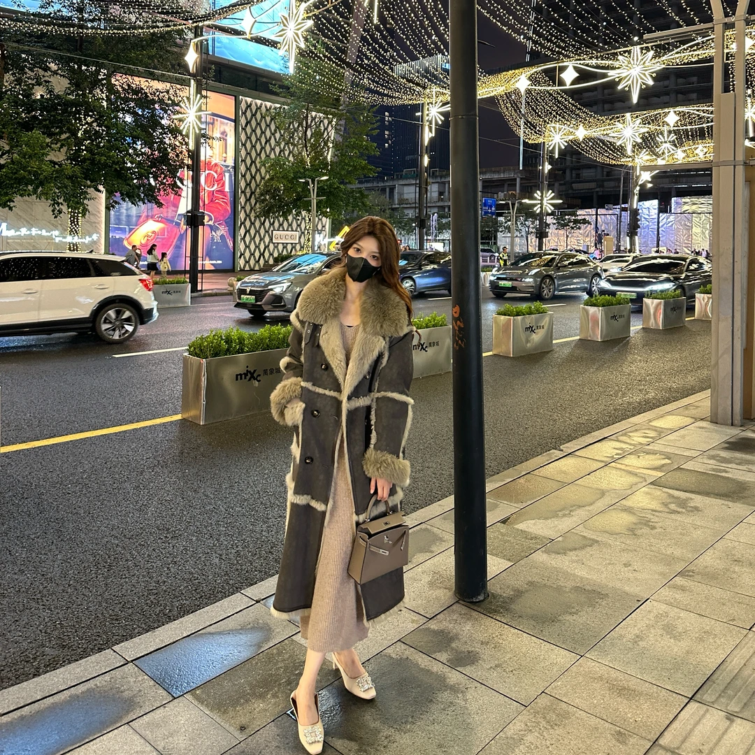 BT【W1359】秋冬加厚毛毛领毛呢外套大口袋超流行保暖炸街小洋装