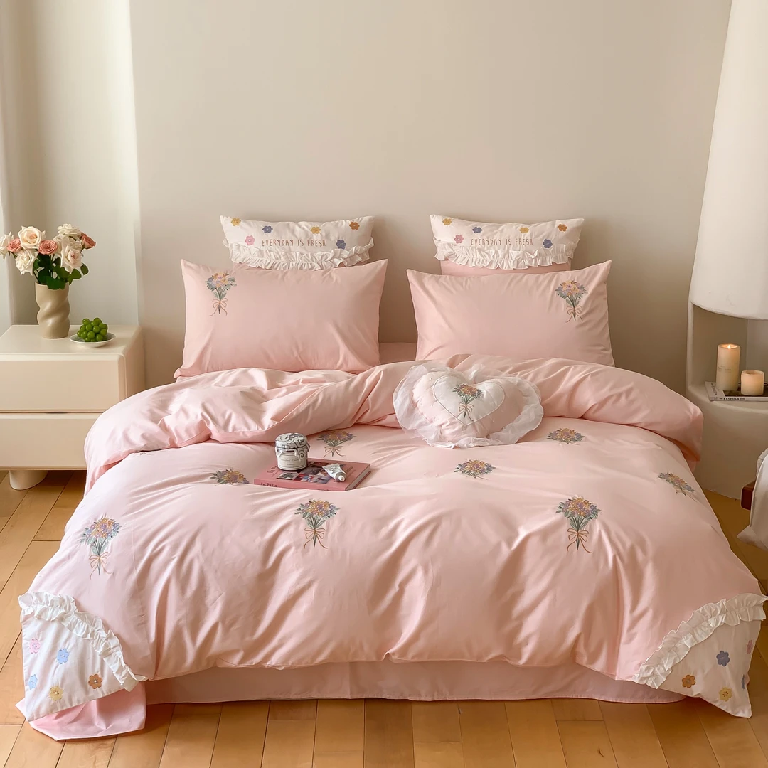自在家丨床上元气白桃全棉水洗棉公主风韩版小清新刺绣被套四件套
