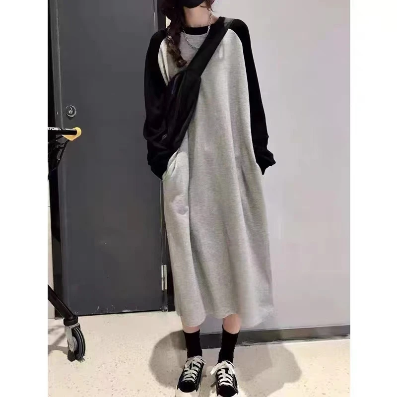 新款欧货大版慵懒风长款t恤裙子插肩长袖卫衣休闲运动连衣裙女秋