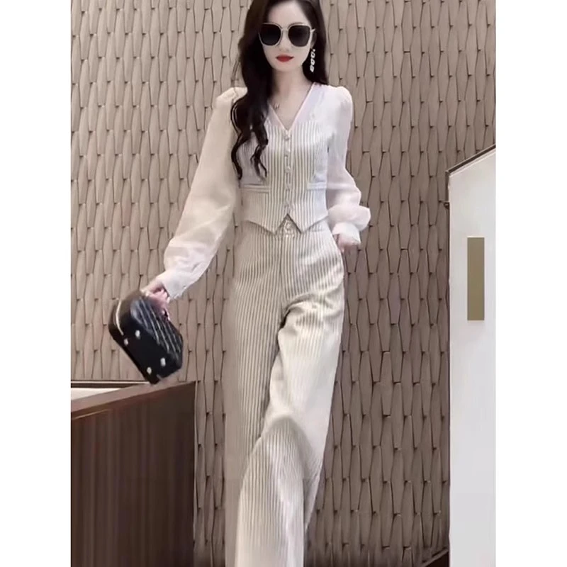 秋季高档百搭气质时尚修身显瘦名媛风女两件套V领衬衫+阔腿裤套装