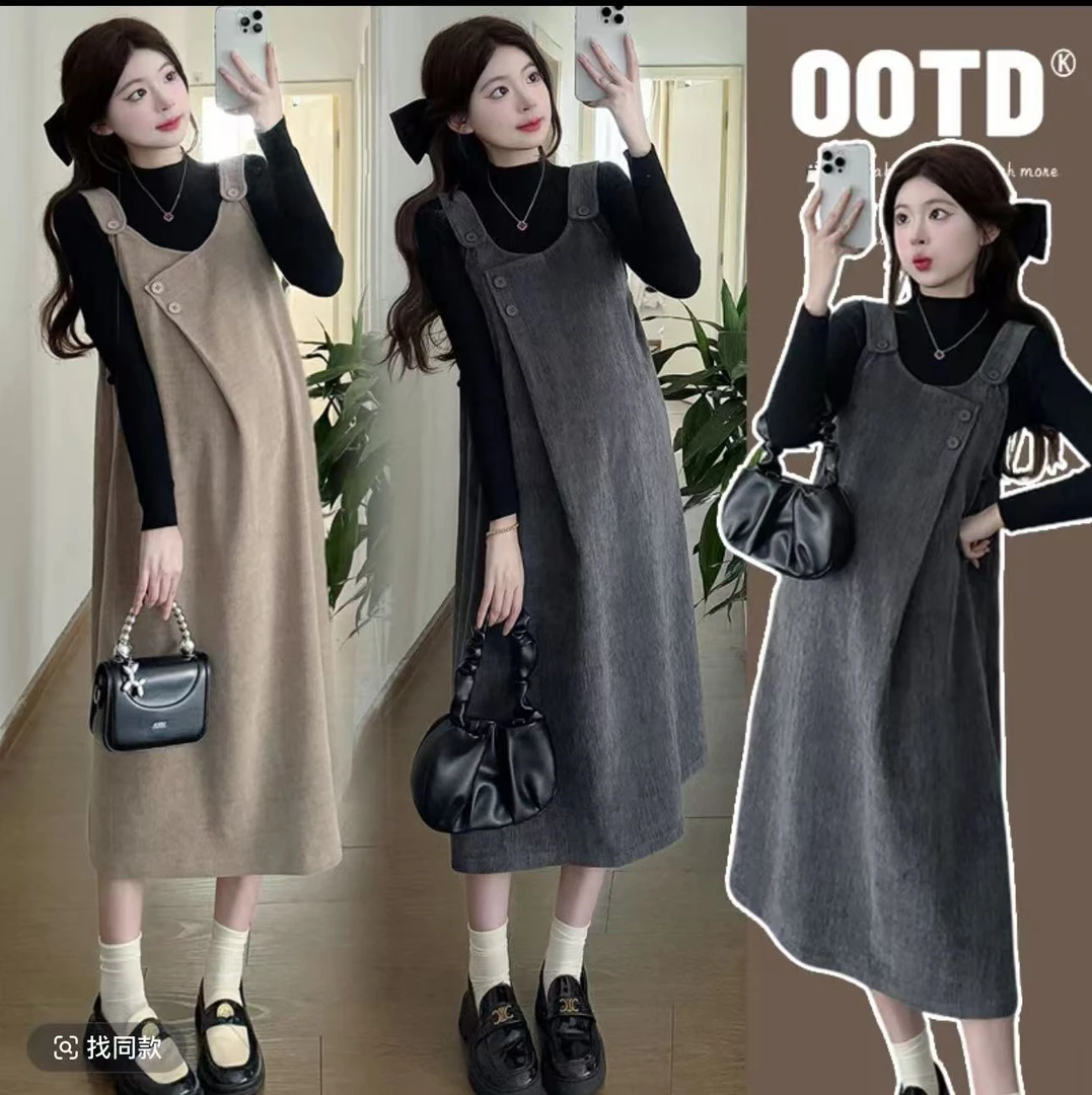 孕妇装2024秋冬新款时尚显瘦高级感背带裙+上衣两件套