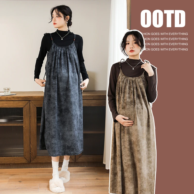 孕妇连衣裙2024秋冬新款韩版高领打底衫时尚显瘦晕染吊带连衣裙