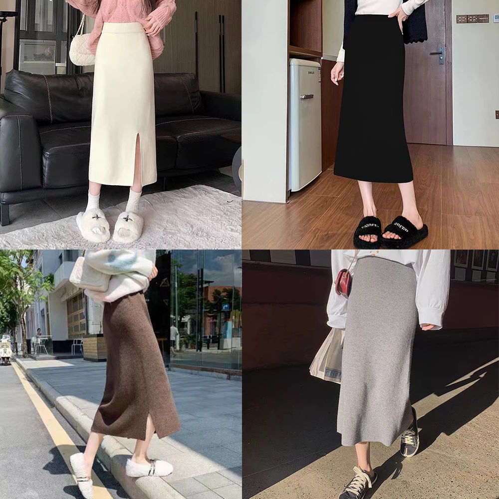 小个子开叉针织半身裙女秋冬新款中长款高腰直筒裙宽松遮肚子裙子