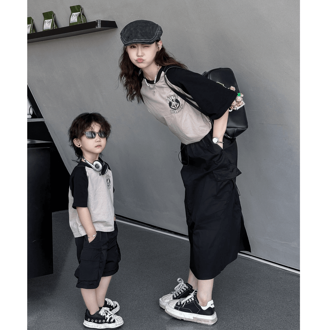【XK3366-兔子】一家三口亲子装夏季韩版印花洋气兔子T恤黑色裤子