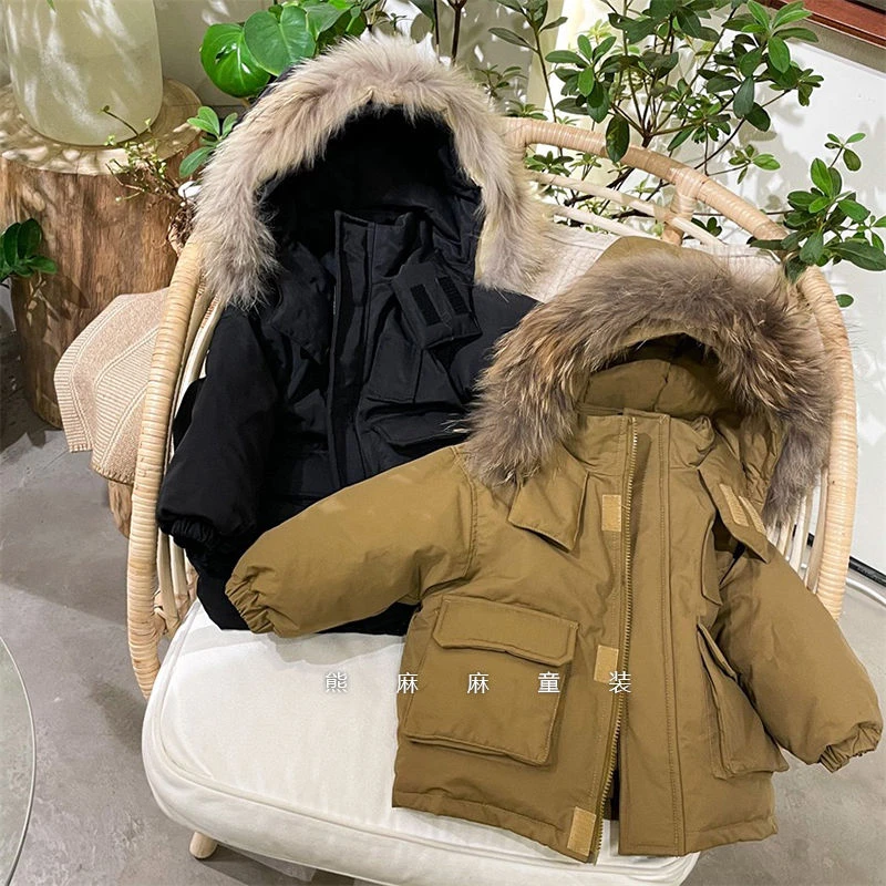 儿童冬款棉服大毛领派克服纯色男童女童宽松韩版中长款休闲洋气