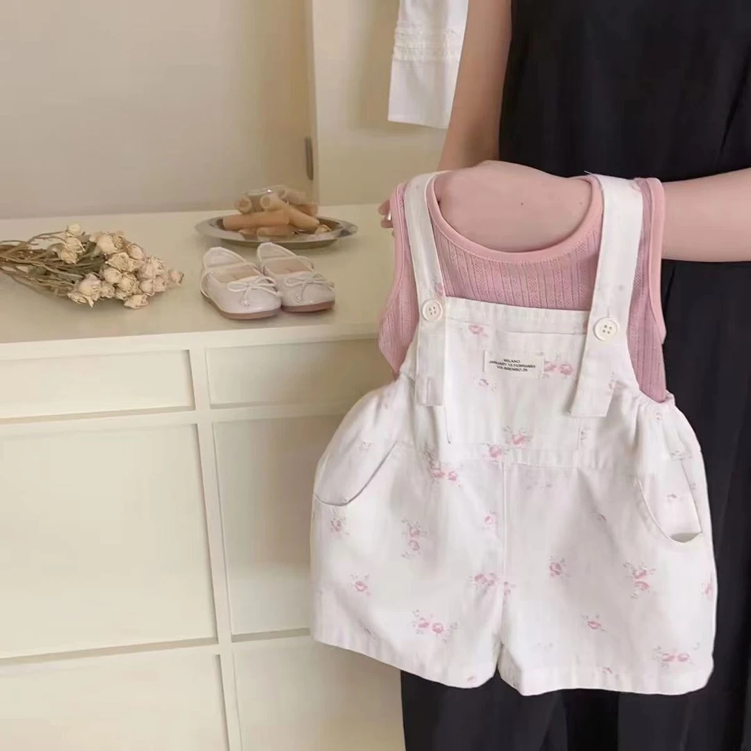 女童夏季套装2024新款洋气中小童宝宝碎花背带裤两件套儿童夏装