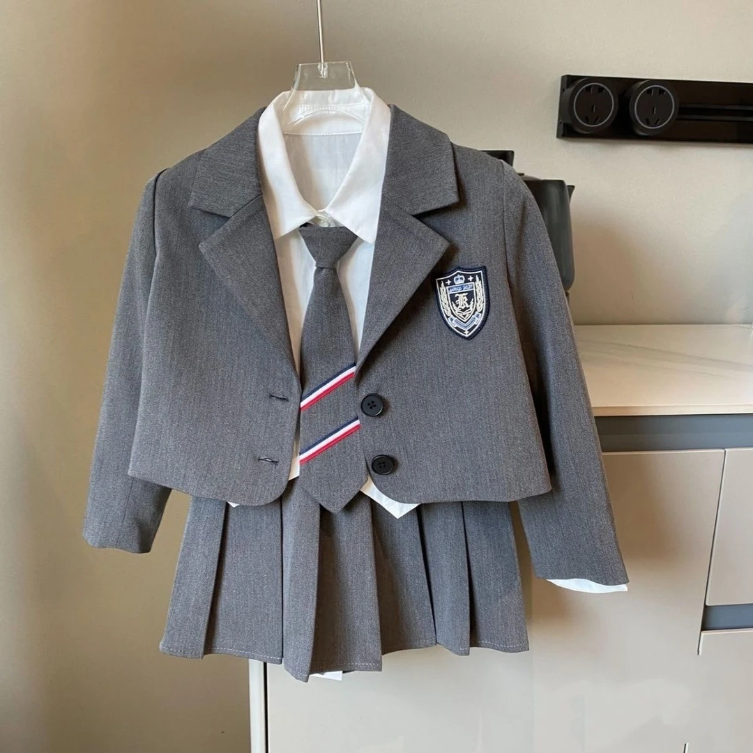 女童秋款套装2023新款女宝宝学院风外套洋气衬衫百褶裙三件套