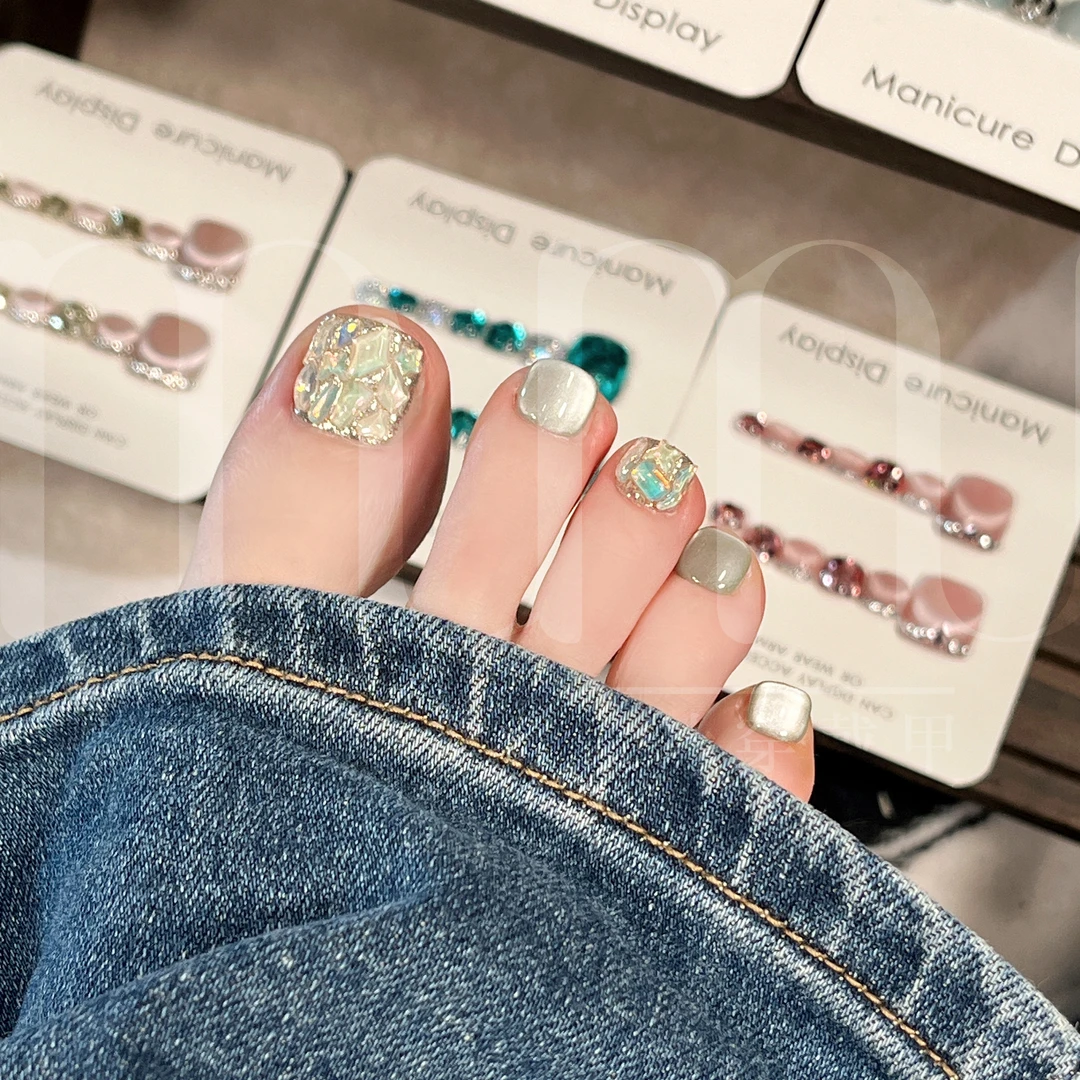 【马尔代夫】纯手工脚甲穿戴甲定制美甲贴片绿色美拉德钻夏季Mumu.