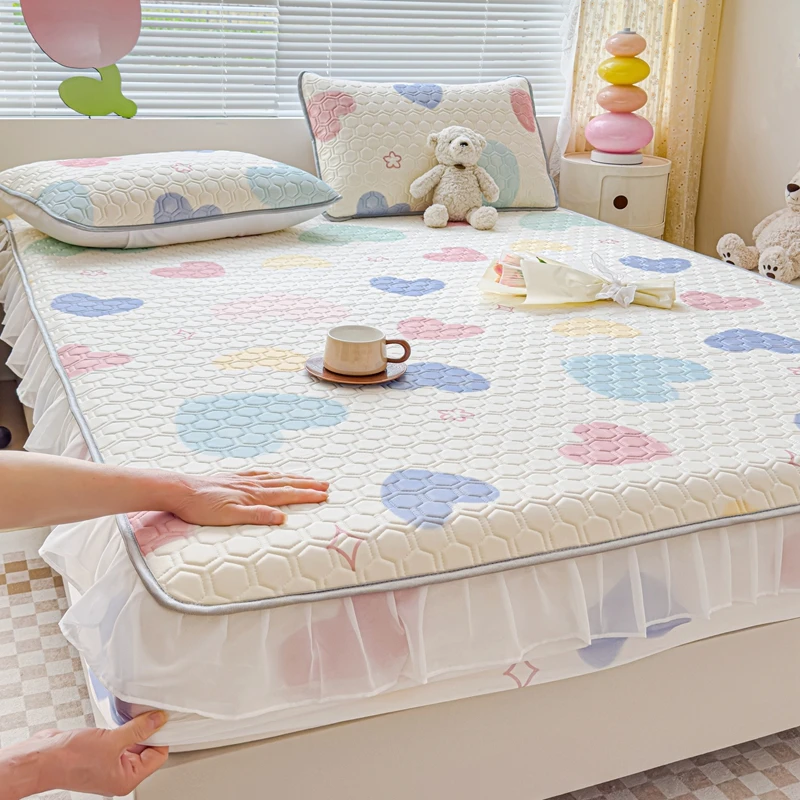 春夏季冰丝乳胶凉席床笠款四件套ins可机水洗单人床垫夏被三件套2