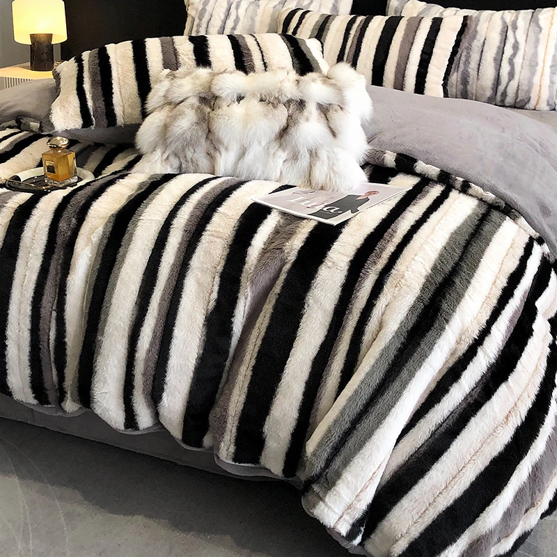 复古黑白条纹扎染牛奶绒四件套学生宿舍 轻奢秋冬保暖加厚珊瑚绒