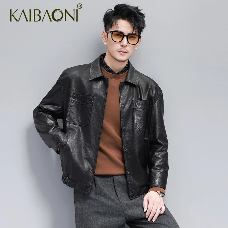 海宁新款头层牛皮真皮机车皮夹克皮衣外套男高级宽松休闲帅气短款