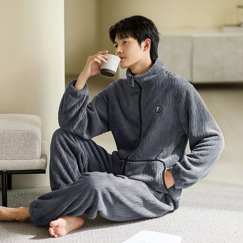 【高档家居服】秋冬季拉链法兰绒睡衣男士加绒保暖长袖长裤家居套装