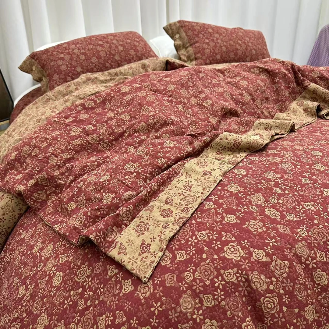 【新款双人被套2*2.3米】蔷薇花语-玛瑙红纯棉双层纱