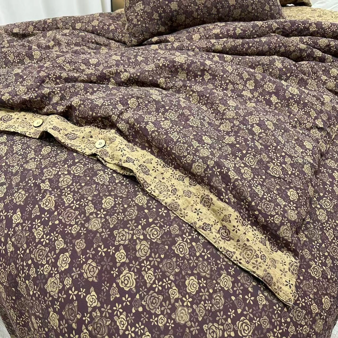 【新款被套1.5*2米】蔷薇花语-深咖色纯棉双层纱