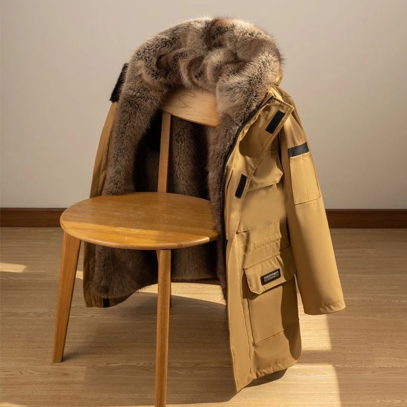派克服男款冬季水貂内胆2025新款皮毛一体外套中长款仿皮草可拆卸