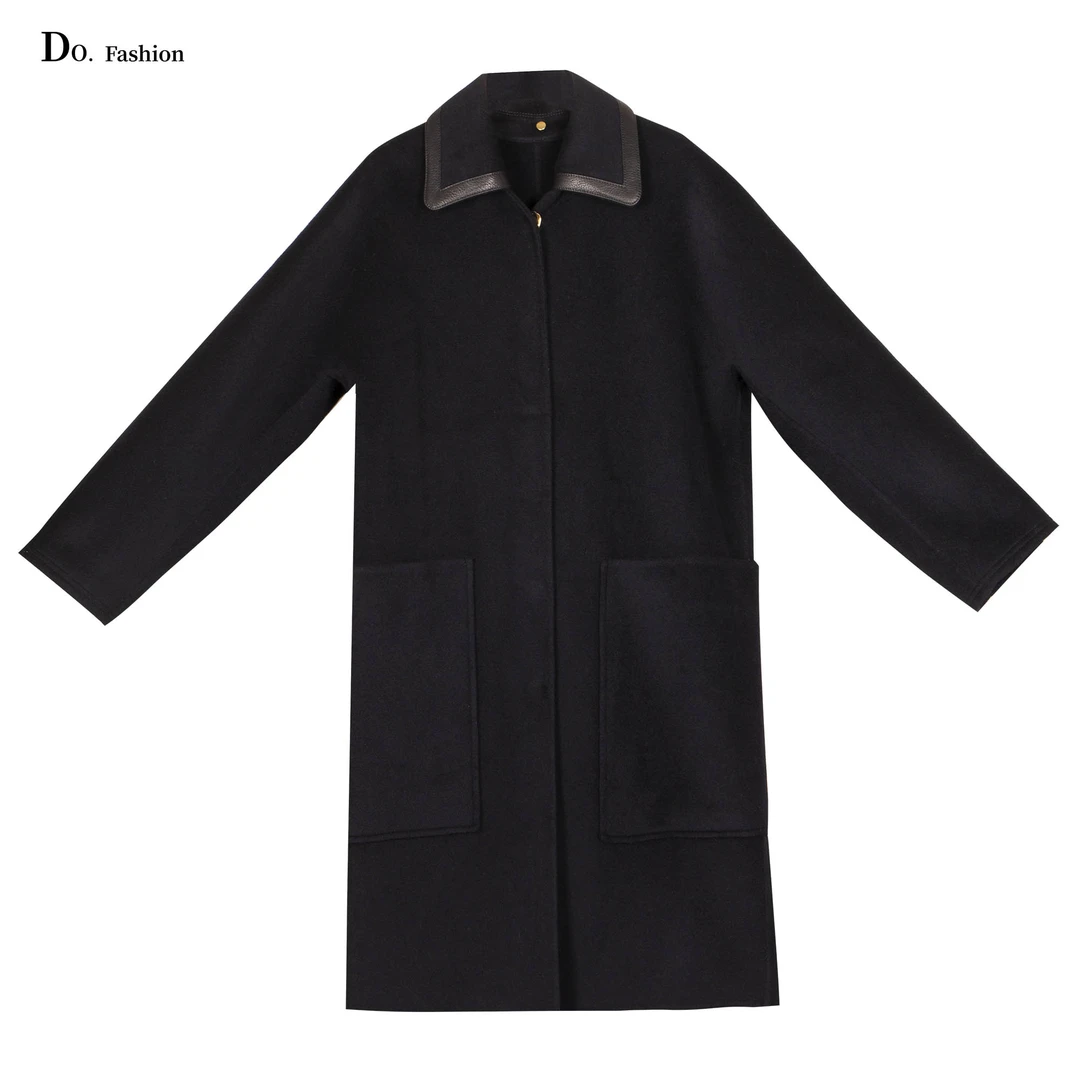 【Do.Fashion欧阳】“极简廓形”单排定制金属扣拼羊皮领黑色羊绒大衣