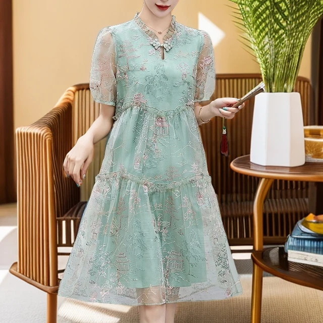 时尚国风提花短袖连衣裙上衣2024夏季新中式减龄高端