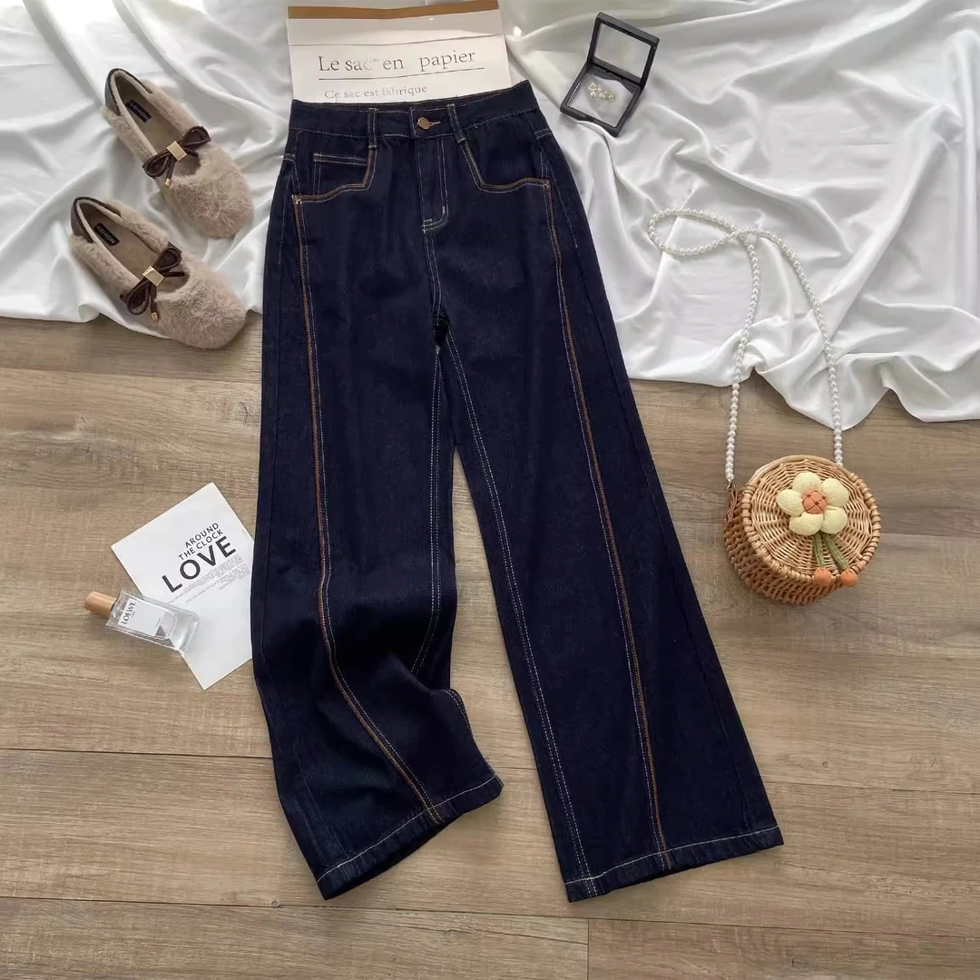 黑金蓝阔腿牛仔裤女秋季2025新款高腰显瘦小个子弯刀爆款直筒裤女