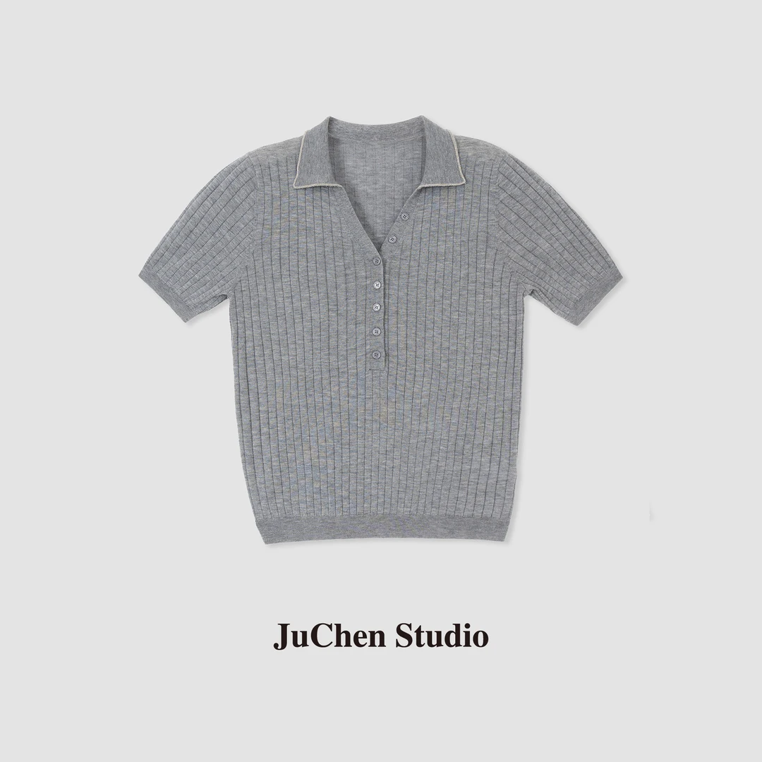 LIBOSHU高定珠链V领丝光羊毛混纺薄款针织衫短袖上衣SS4031096-16