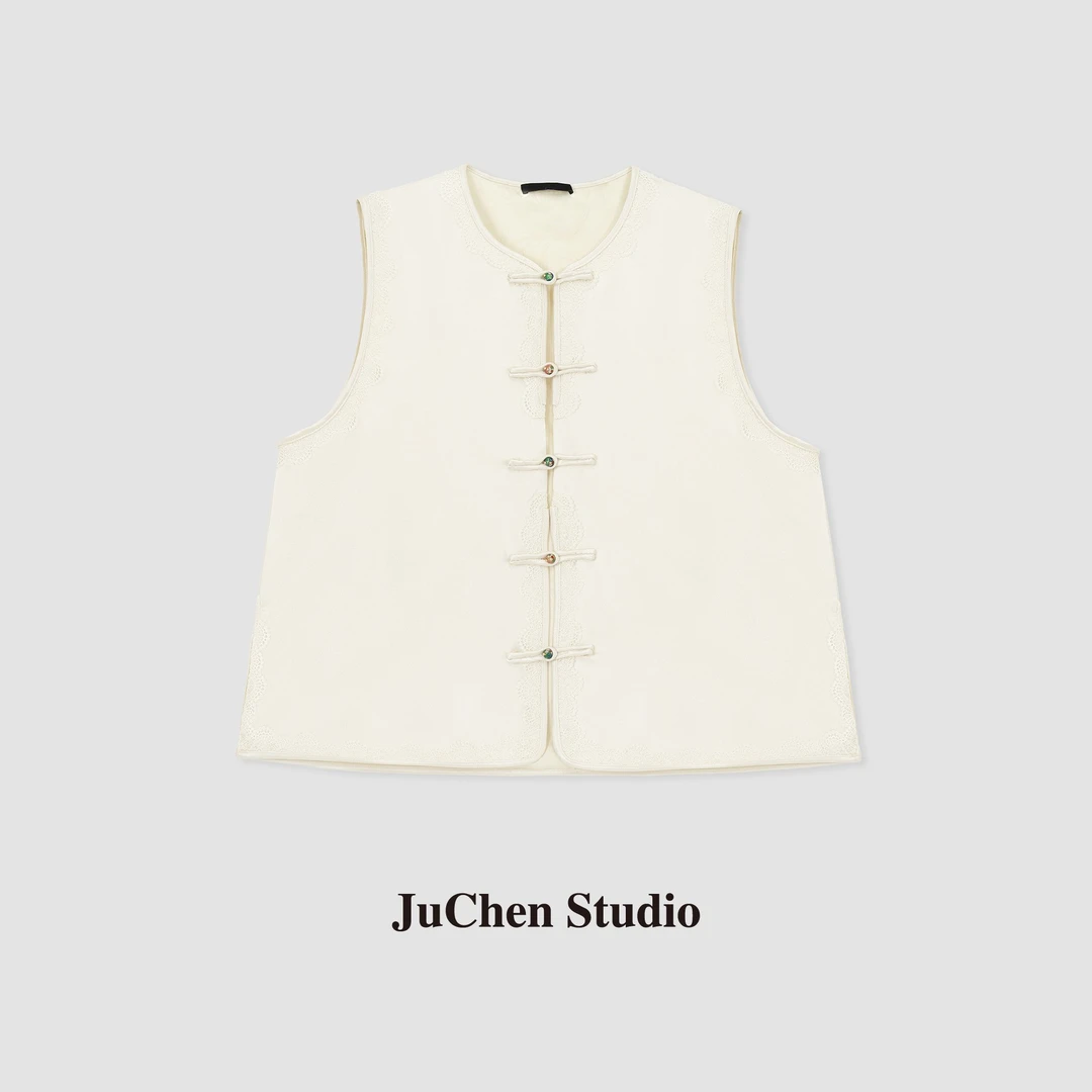 LIBOSHU典雅精致醋酸新中式撞色盘扣简约宽松无袖马甲SS022074