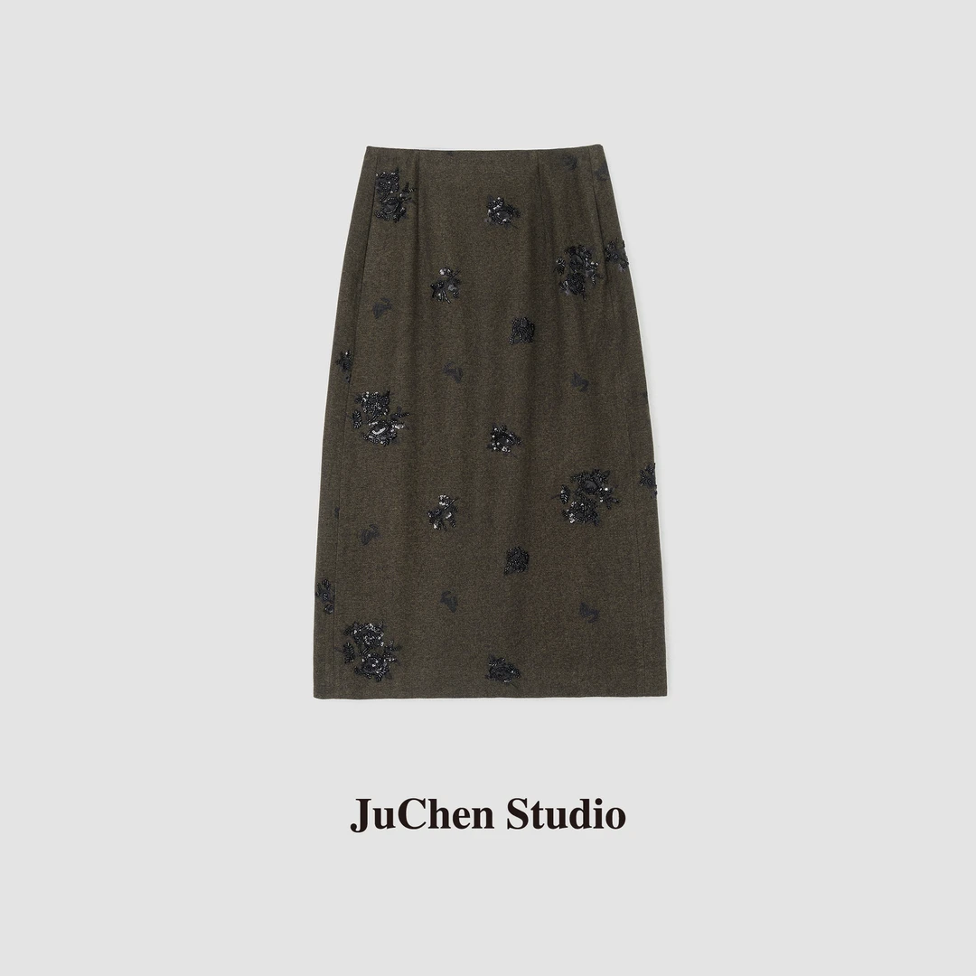 ♬“繁花依旧”优雅奢华重工钉珠绣花定染过膝直筒毛呢半裙FW093085