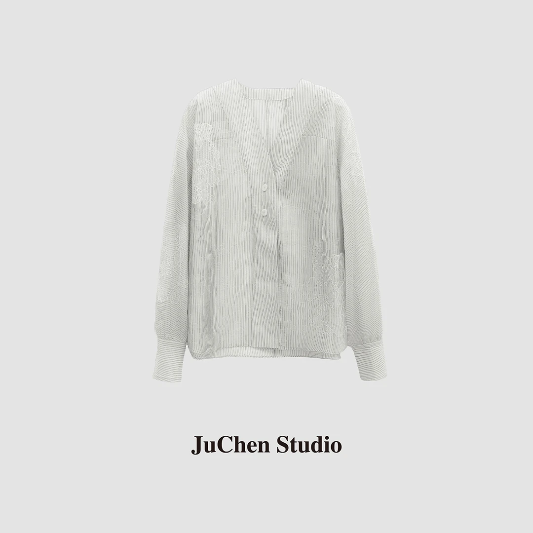 LIBOSHU"口碑420“爽滑重磅醋酸刺绣无领条纹衬衫上衣 23051059