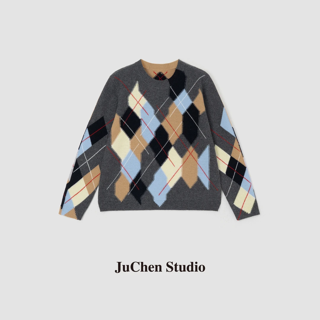 “冰岛菱花”复古菱格双股26支挂毛手绣线提花针织衫FW241030-24