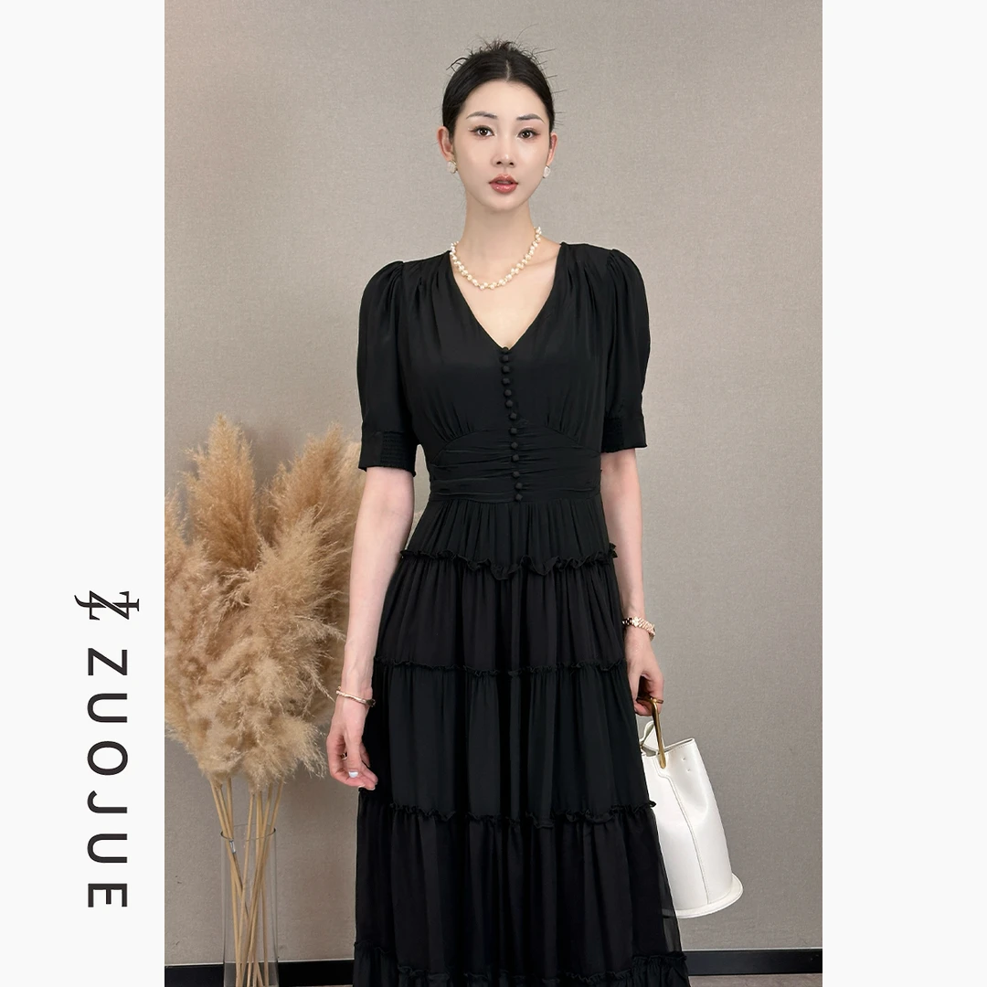 ZUOJUE/气质轻奢夏季法式复古收腰黑色连衣裙ZJ2405L034