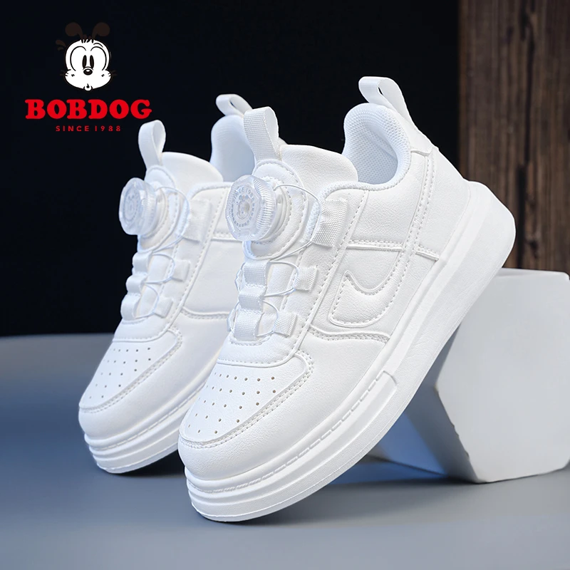 巴布豆纽扣小白鞋儿童运动鞋春秋皮面板鞋小学生男女孩校园白色鞋