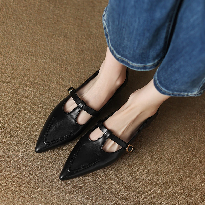 纪元希2024新款法式尖头浅口T型带扣大码低跟气质百搭玛丽珍单鞋