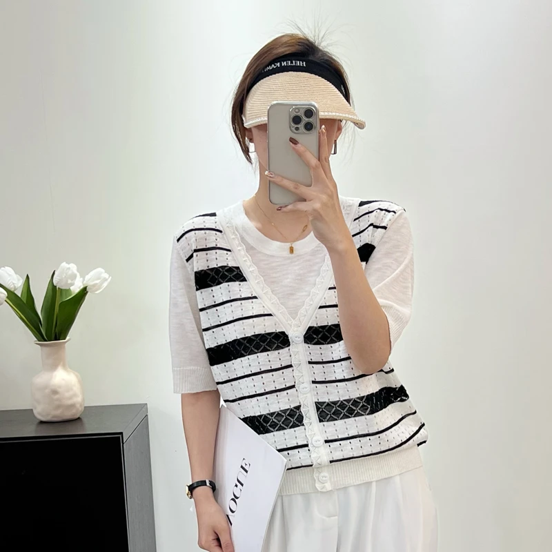 正肩短上衣假两件开衫小香风针织衫时尚夏季宽松条纹气质夹色休闲