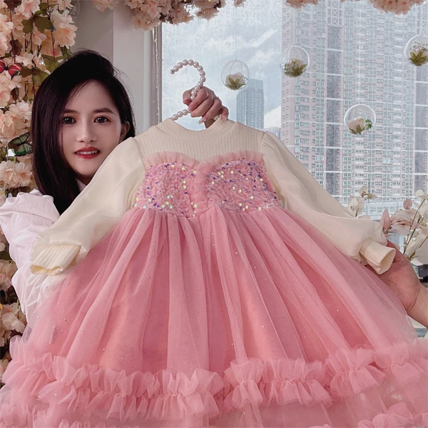 女童秋冬季连衣裙2024新款时尚洋气女宝宝超仙亮片假两件裙子