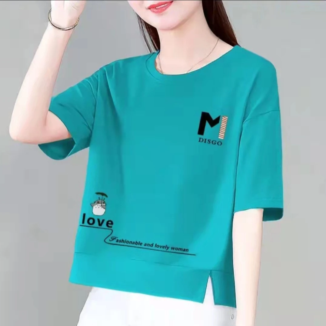纯棉夏季短袖2023年t恤女洋气显瘦通勤百搭开叉大码印花圆领透气