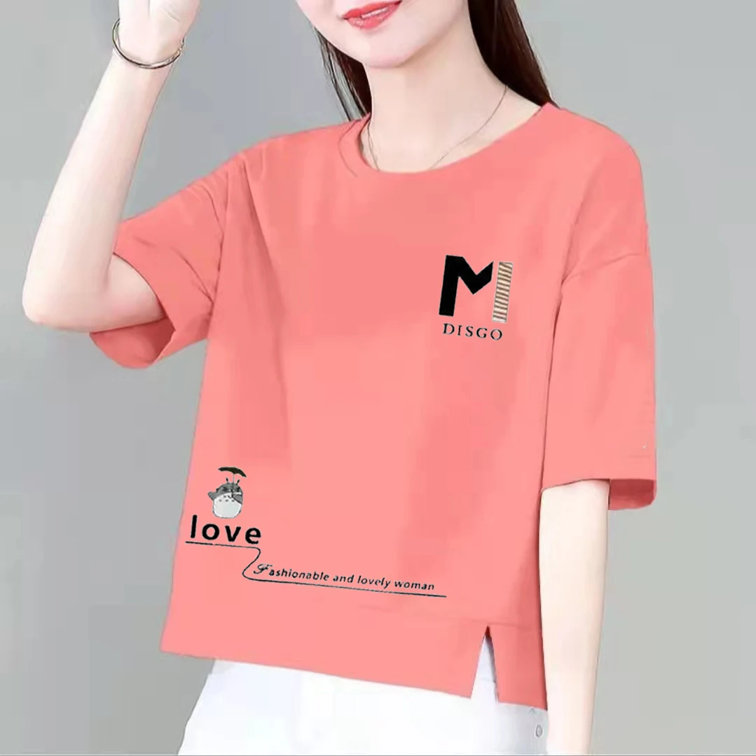 纯棉短袖t恤女士夏季百搭大码韩版洋气时尚显瘦宽松圆领印花上衣