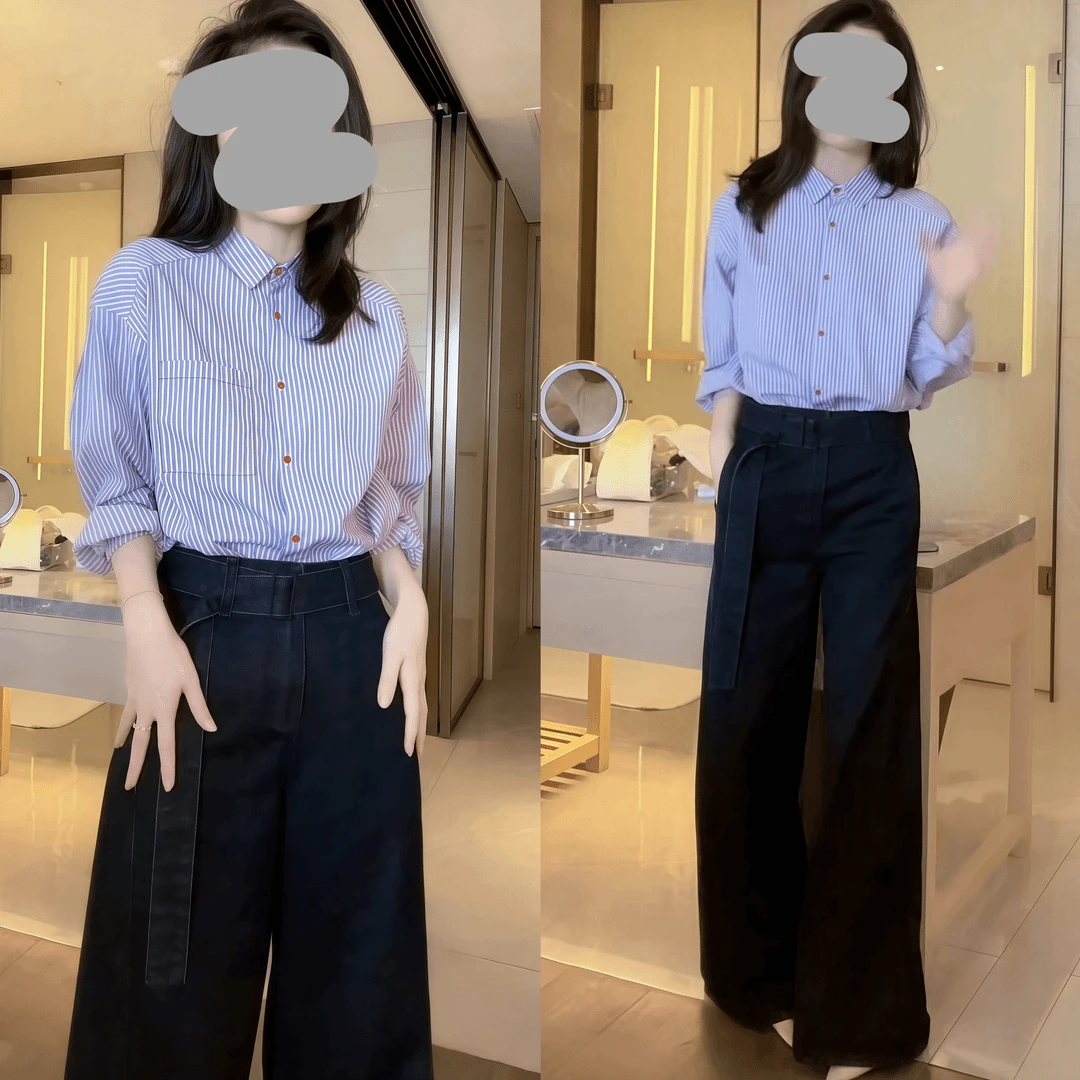 时尚洋气韩版经典通勤休闲条纹衬衫宽松显瘦复古高腰牛仔裤两件套