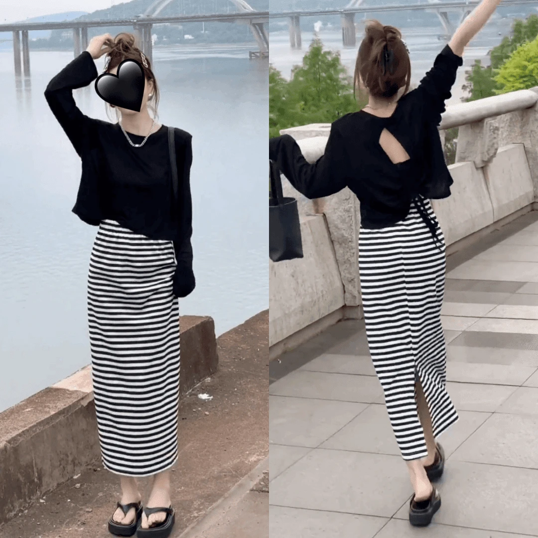 2024夏季新款时尚气质露背小设计感T恤条纹开叉显瘦半身裙两件套