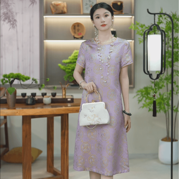 【晚棠】宋锦100桑蚕丝夏季复古重磅时尚连衣裙662155