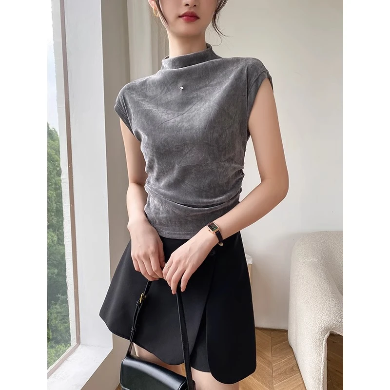 半高领丝绒打底衫女2024新款早秋季褶皱修身内搭短袖T恤短款上衣