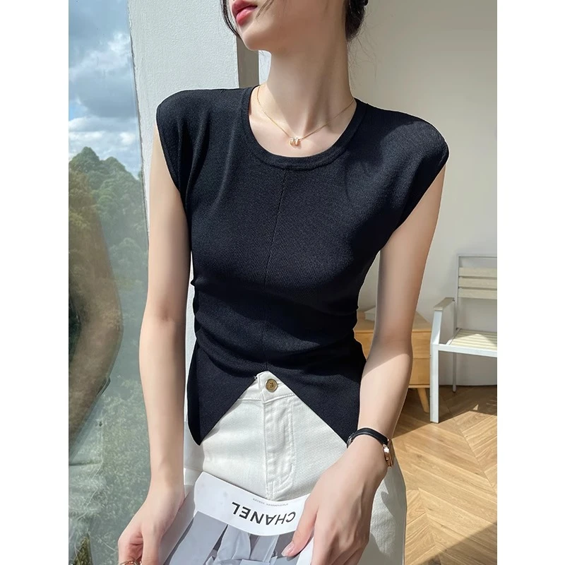 黑色短袖t恤女2024新款爆款夏季无袖针织打底衫褶皱收腰开叉上衣