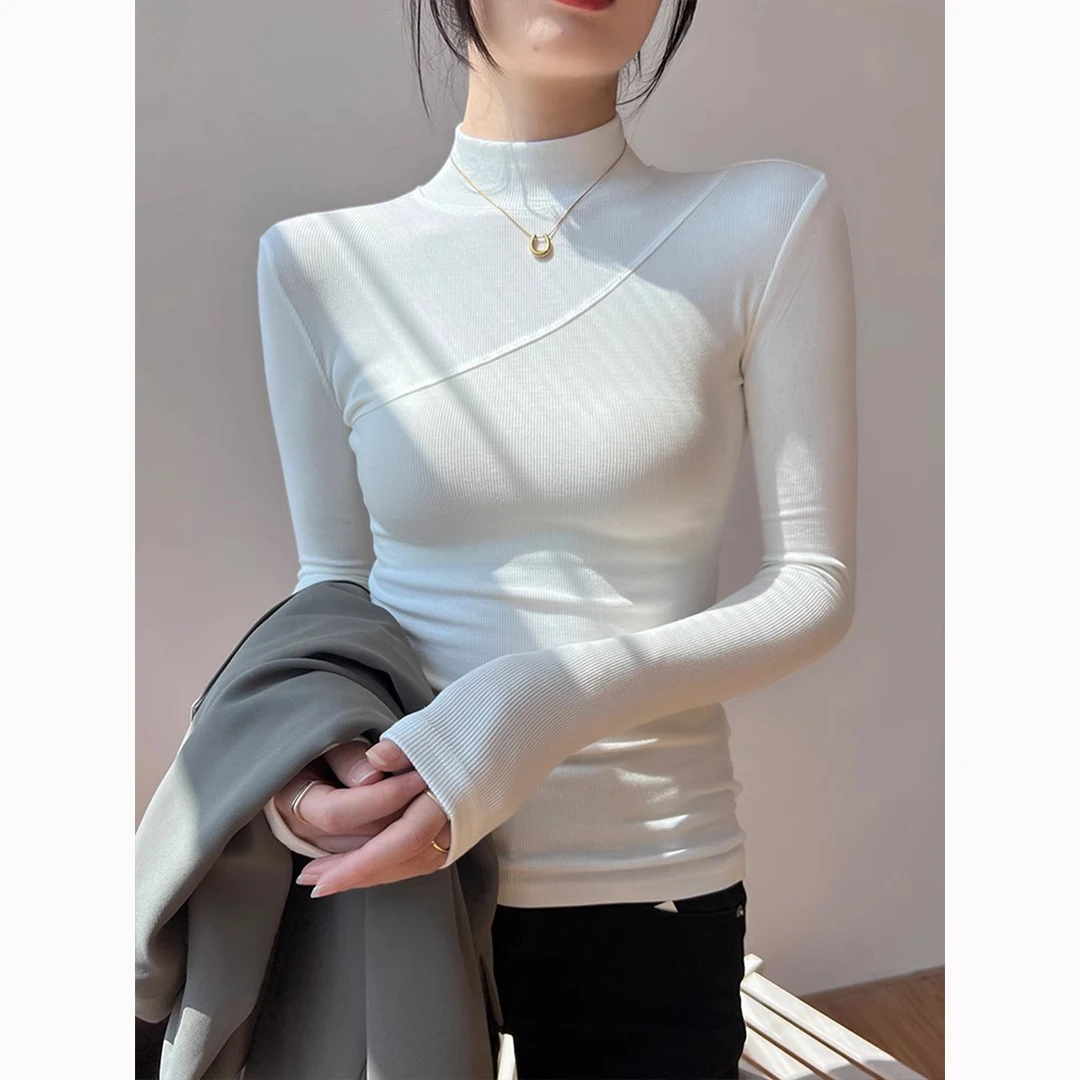 白色洋气内搭半高领针织打底衫女2024新款修身外穿高级感加绒上衣