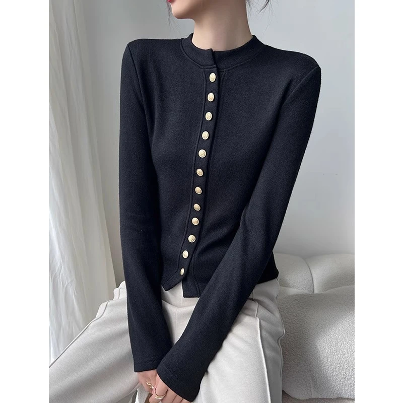 立领黑色打底衫2023新款女秋冬季短款长袖针织开衫别致上衣高级感