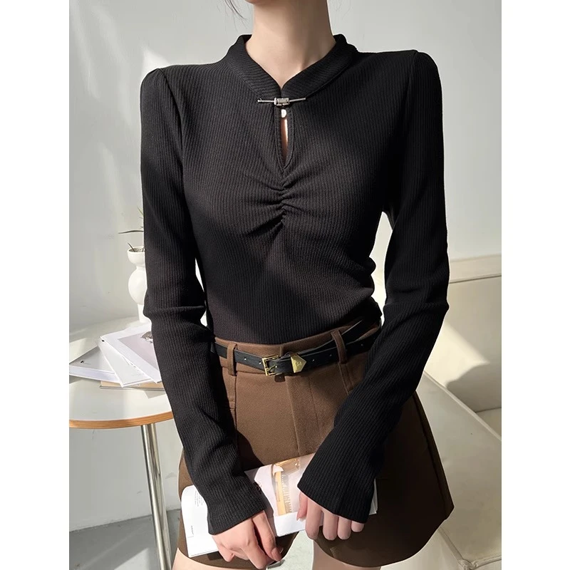 中国风加绒黑色打底衫2023新款女秋冬高级感针织内搭长袖T恤上衣
