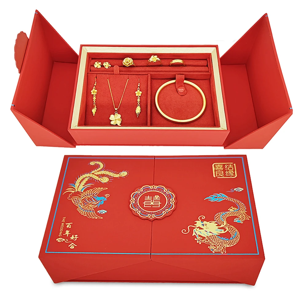 首饰盒/箱 红色龙凤三金首饰盒订结婚提婚彩礼盒黄礼盒金饰品摆台