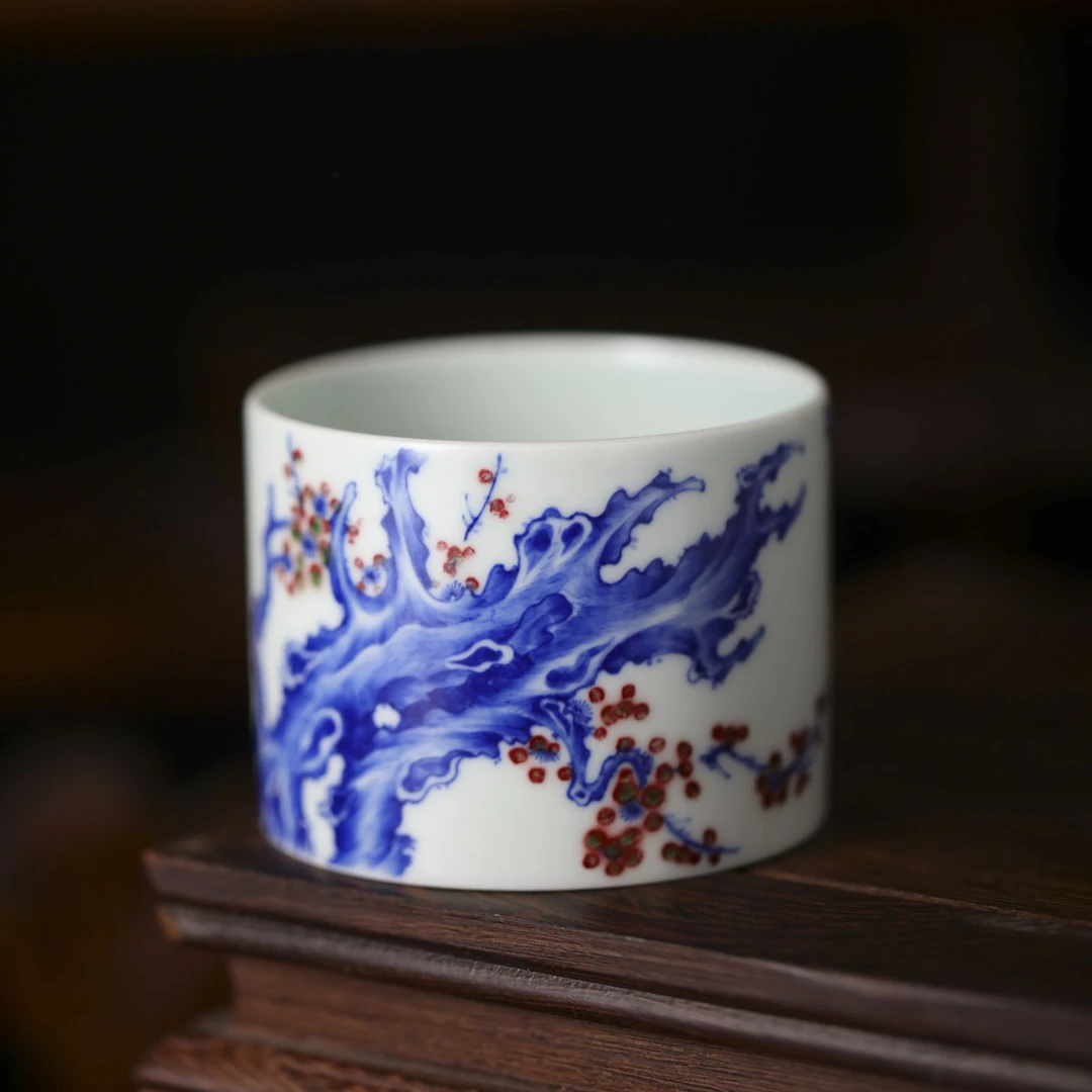 小桥-珍藏釉里红老桩梅花直口杯-手工陶瓷有差异