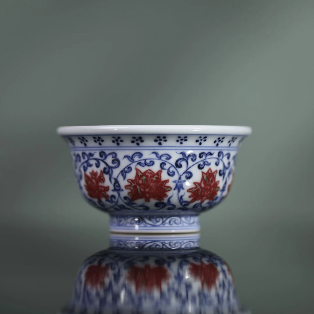 聚悠然-窑宝釉里红压手杯(花心)-陶瓷主人杯手绘柴窑