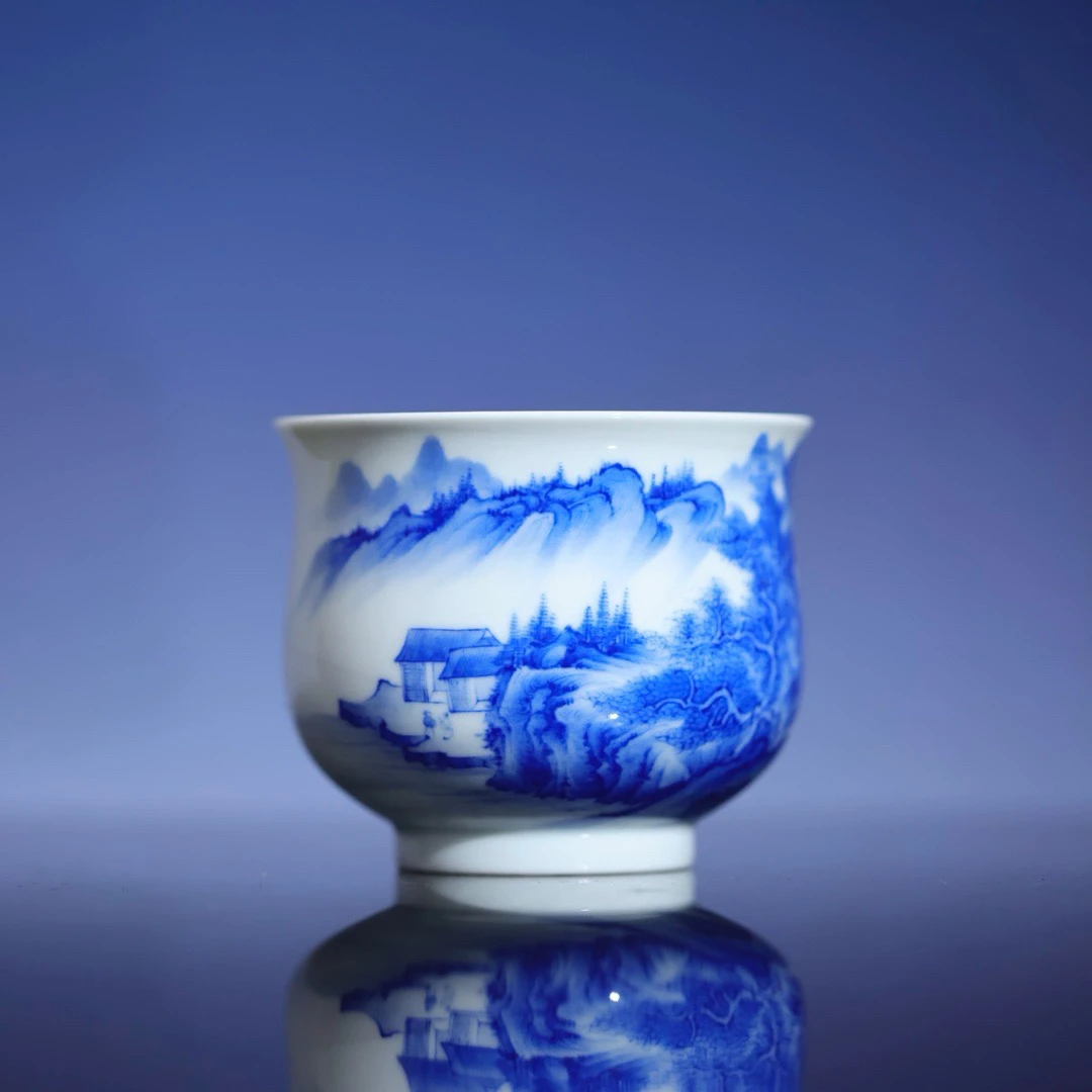 小桥-青花山水高炉式杯-手工差异