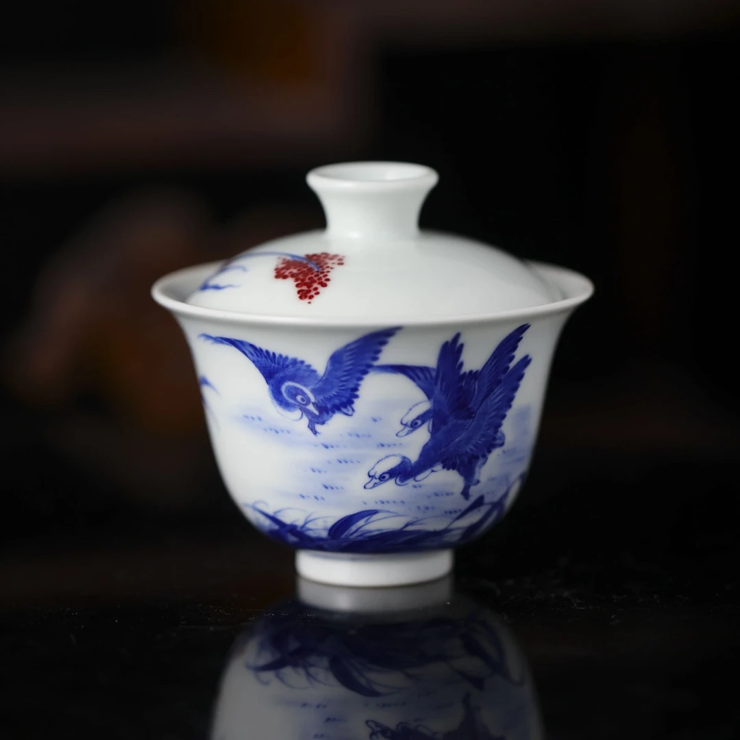 小桥-珍藏釉里红平沙落雁盖碗-陶瓷手绘有差异