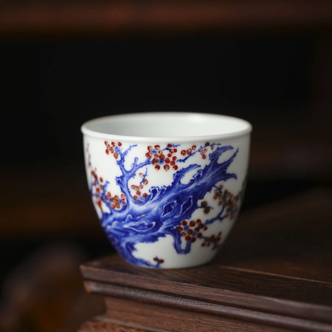 小桥-珍藏釉里红老桩梅花缸杯-手工陶瓷有差异