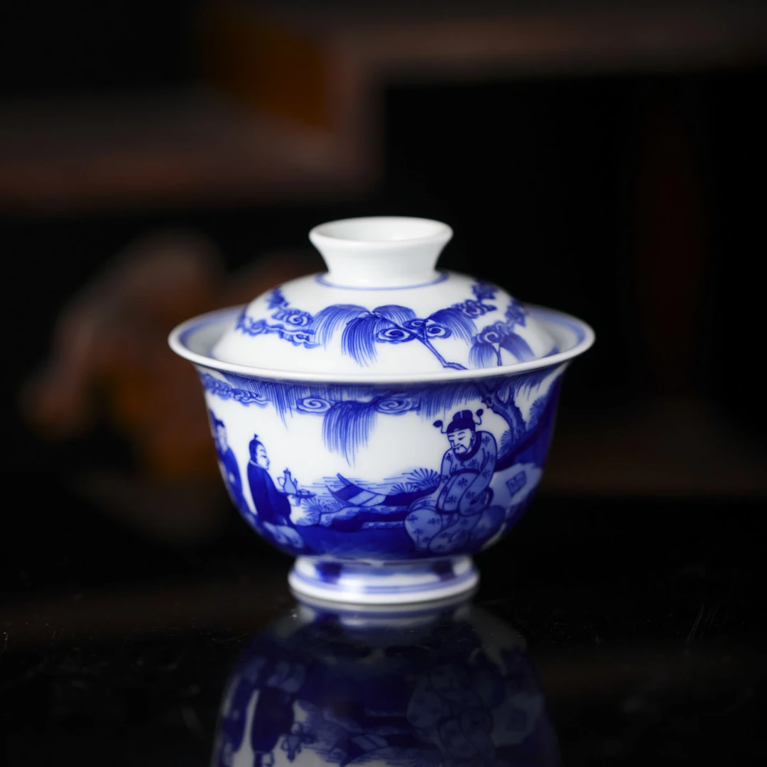 小桥-李白斗酒盖碗-手工陶瓷有差异